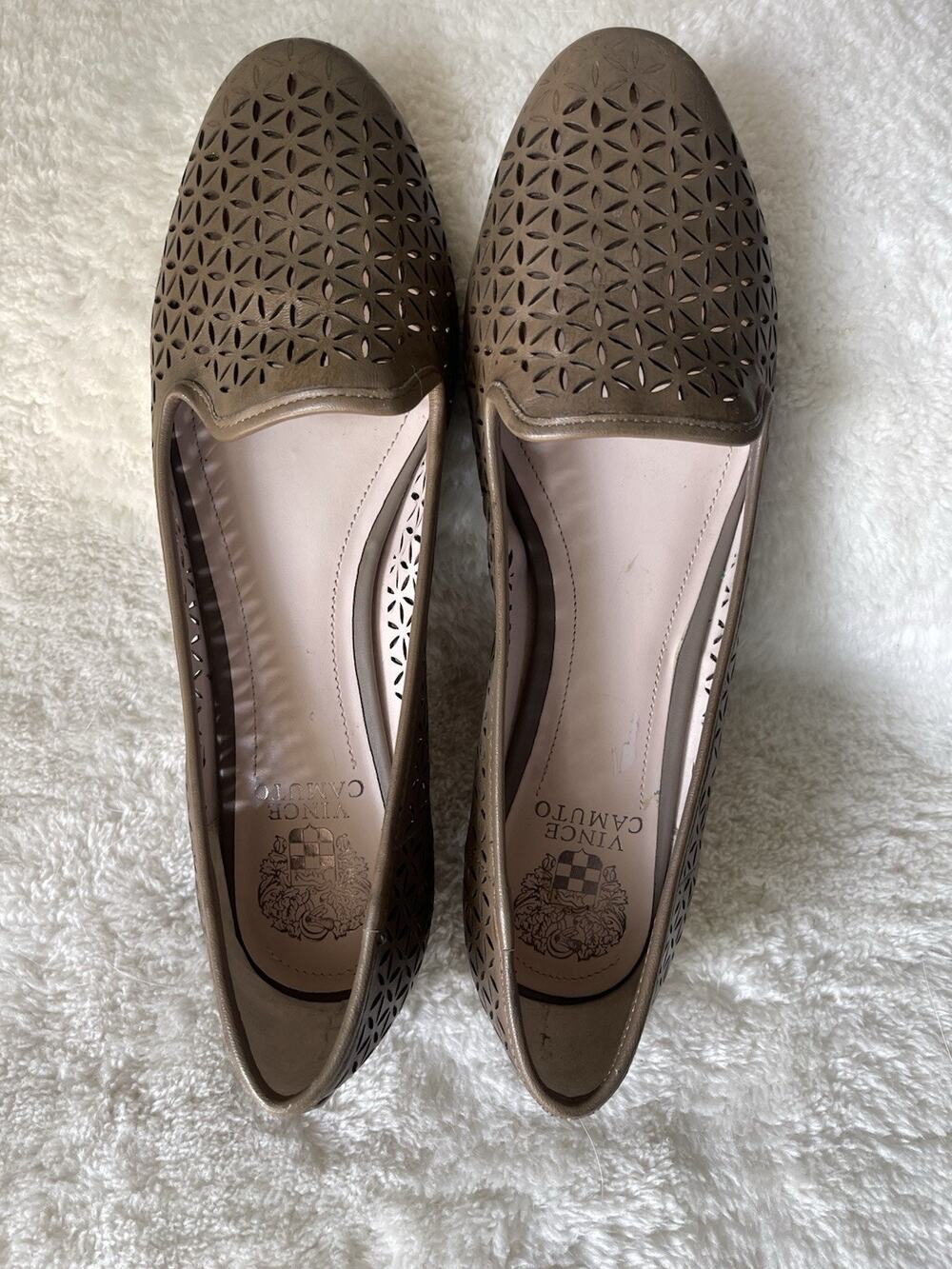 Vince Camuto Lancer Taupe Leather Perforated Smoking Flats Loafers Women's 9.5 B